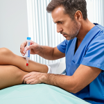 **A doctor injecting PRP (Platelet-Rich Plasma) into a patient's knee in a modern clinic setting. Focus on the sterile environment and the doctor's focused expression. Show a vial of concentrated platelets nearby. The patient looks hopeful and slightly anxious.**