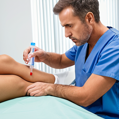Home 4 **A doctor injecting PRP (Platelet-Rich Plasma) into a patient's knee in a modern clinic setting. Focus on the sterile environment and the doctor's focused expression. Show a vial of concentrated platelets nearby. The patient looks hopeful and slightly anxious.**