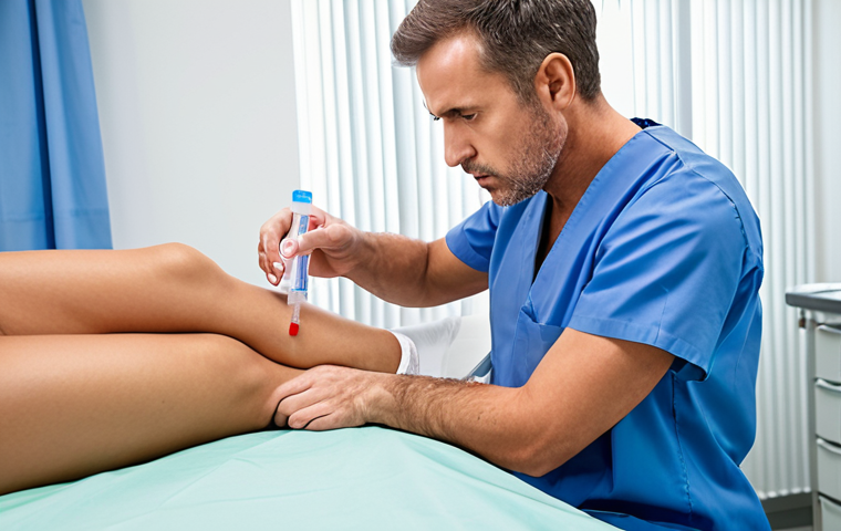 **A doctor injecting PRP (Platelet-Rich Plasma) into a patient's knee in a modern clinic setting. Focus on the sterile environment and the doctor's focused expression. Show a vial of concentrated platelets nearby. The patient looks hopeful and slightly anxious.**