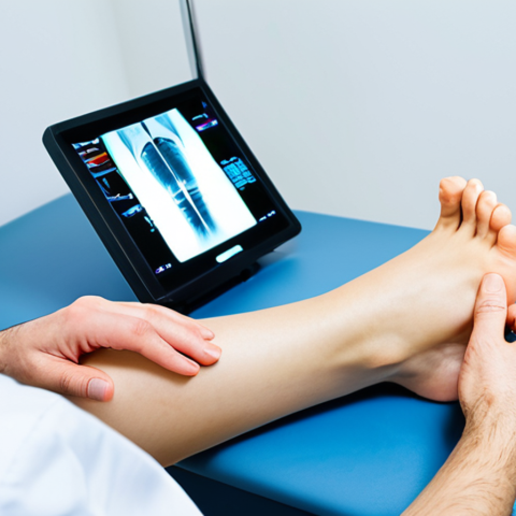Doctor Examining Ankle**
Prompt: A podiatrist in a brightly lit clinic examining a patient's ankle. The patient is sitting comfortably. The doctor is wearing professional attire. Focus on the doctor's hands gently manipulating the ankle. X-ray light box visible in the background. Fully clothed, appropriate content, safe for work, professional, perfect anatomy, correct proportions, medical setting.
**
