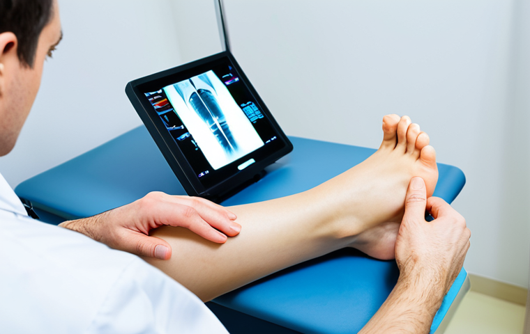 Doctor Examining Ankle**
Prompt: A podiatrist in a brightly lit clinic examining a patient's ankle. The patient is sitting comfortably. The doctor is wearing professional attire. Focus on the doctor's hands gently manipulating the ankle. X-ray light box visible in the background. Fully clothed, appropriate content, safe for work, professional, perfect anatomy, correct proportions, medical setting.
**