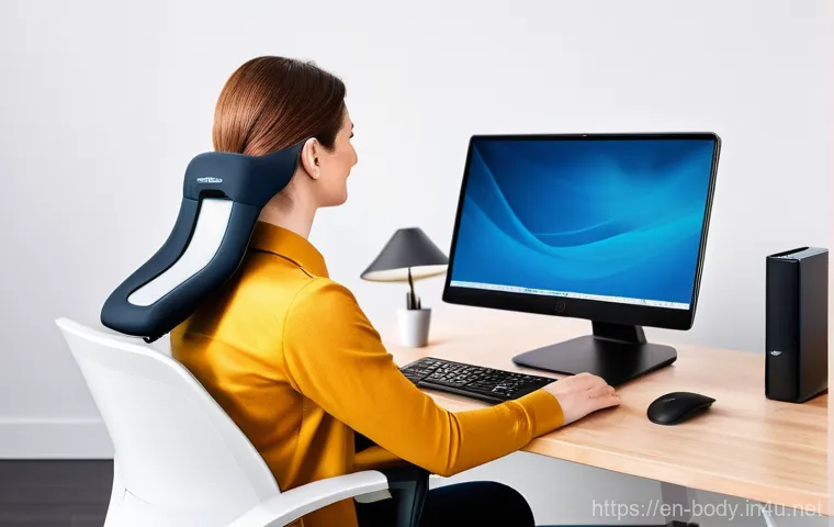 목 통증 마사지 도구 추천 - **Prompt 1: From "Tech Neck" Strain to Ergonomic Comfort**
An image depicting a two-part scene. ...