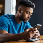 목 통증과 거북목 교정법 - A young professional, casually dressed in a t-shirt and jeans, sitting at a coffee shop table, deepl...