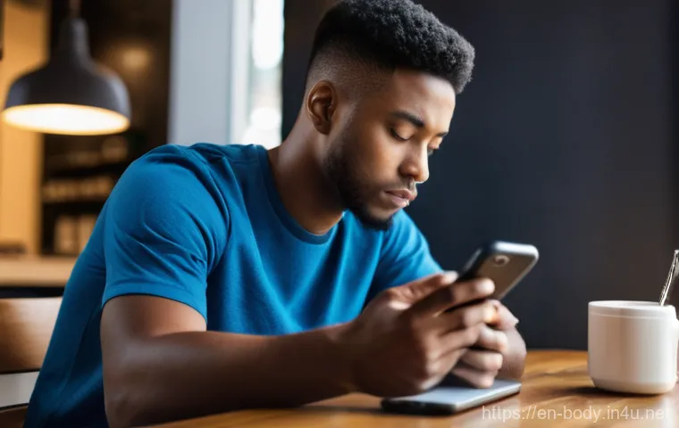 목 통증과 거북목 교정법 - A young professional, casually dressed in a t-shirt and jeans, sitting at a coffee shop table, deepl...