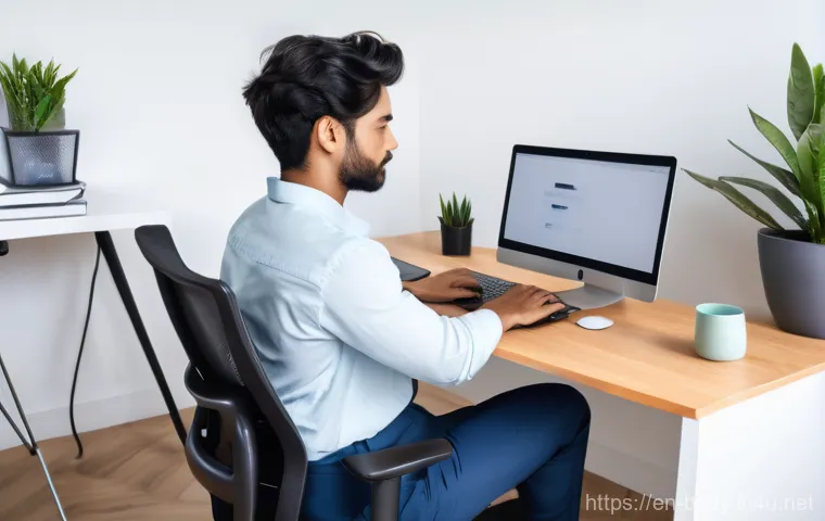 목 통증과 거북목 교정법 - A young professional, casually dressed in a t-shirt and jeans, sitting at a coffee shop table, deepl...