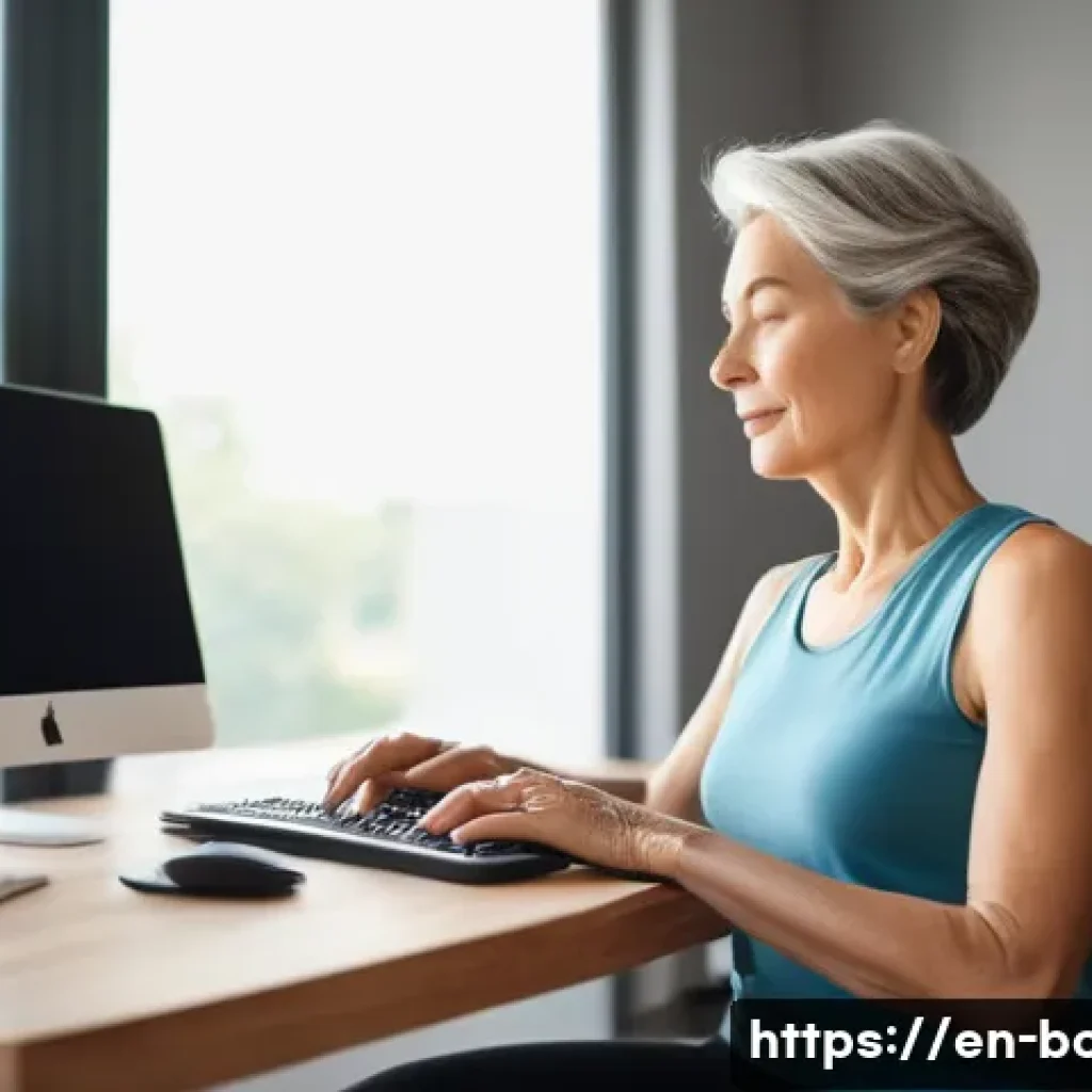 목 통증 완화 마사지 - A serene home office scene showing a middle-aged woman sitting at a modern desk with perfect ergonom...
