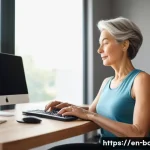 목 통증 완화 마사지 - A serene home office scene showing a middle-aged woman sitting at a modern desk with perfect ergonom...