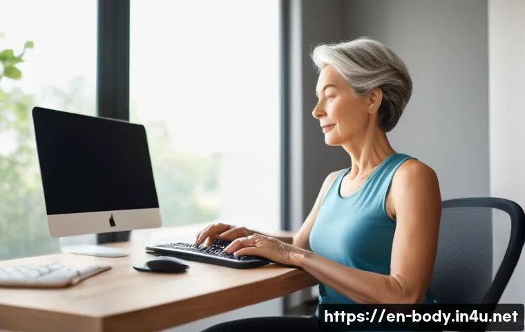 목 통증 완화 마사지 - A serene home office scene showing a middle-aged woman sitting at a modern desk with perfect ergonom...