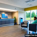 목 디스크 치료 병원 추천 - A modern, bright cervical spine treatment center reception area featuring friendly medical staff in ...