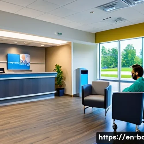 목 디스크 치료 병원 추천 - A modern, bright cervical spine treatment center reception area featuring friendly medical staff in ...