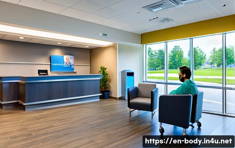 목 디스크 치료 병원 추천 - A modern, bright cervical spine treatment center reception area featuring friendly medical staff in ...
