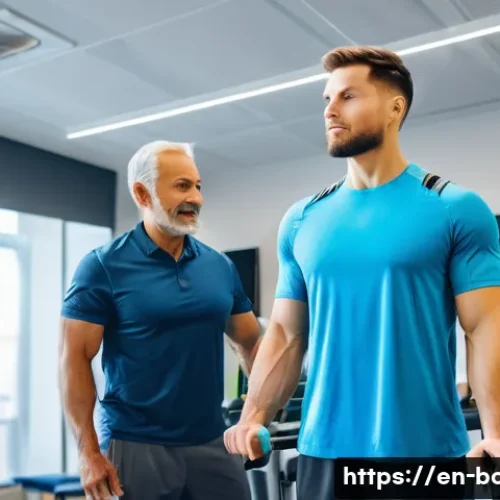 어깨 재활 병원 추천 - A modern physical therapy clinic specializing in shoulder rehabilitation, showing a diverse adult pa...
