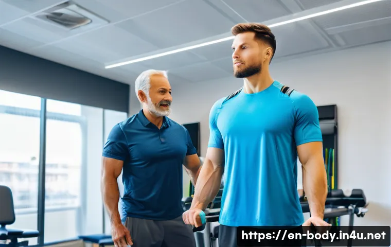 어깨 재활 병원 추천 - A modern physical therapy clinic specializing in shoulder rehabilitation, showing a diverse adult pa...