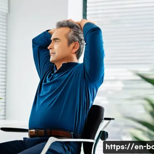 목 디스크 자가 운동법 - A middle-aged man performing a side-to-side neck stretch in a bright, modern home office setting. He...