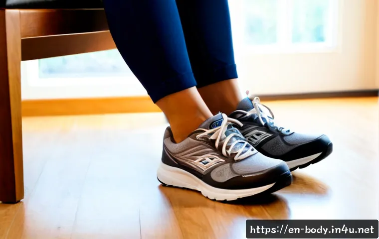 발바닥 통증 완화 신발 추천 - Photorealistic close-up of an older adult in a bright, comfortable American home trying on supportiv...